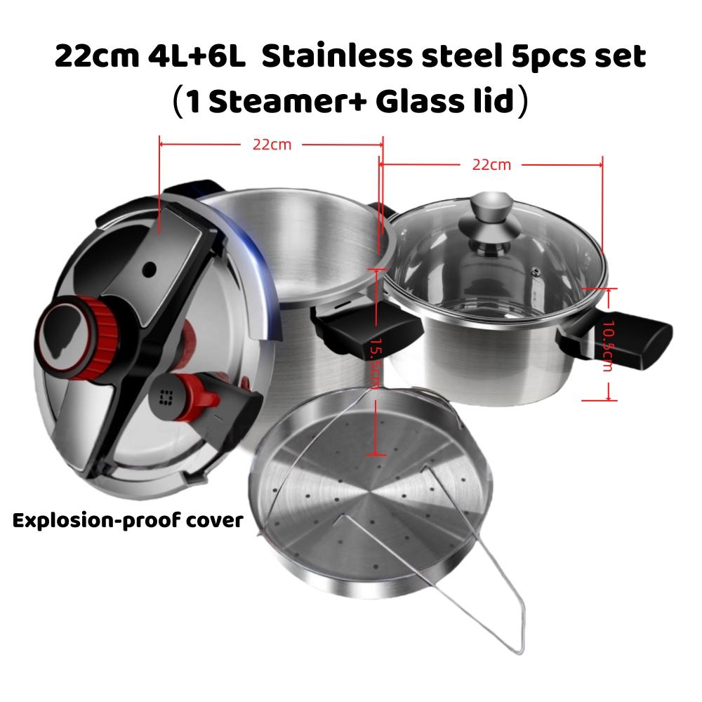 22CM 4L 6L Stainless Steel Explosion Proof Induction Pressure Cooker Set With Glass Lid and Steamer 4L+6L  5pcs set (1 Steamer+ Glass lid)&22cm