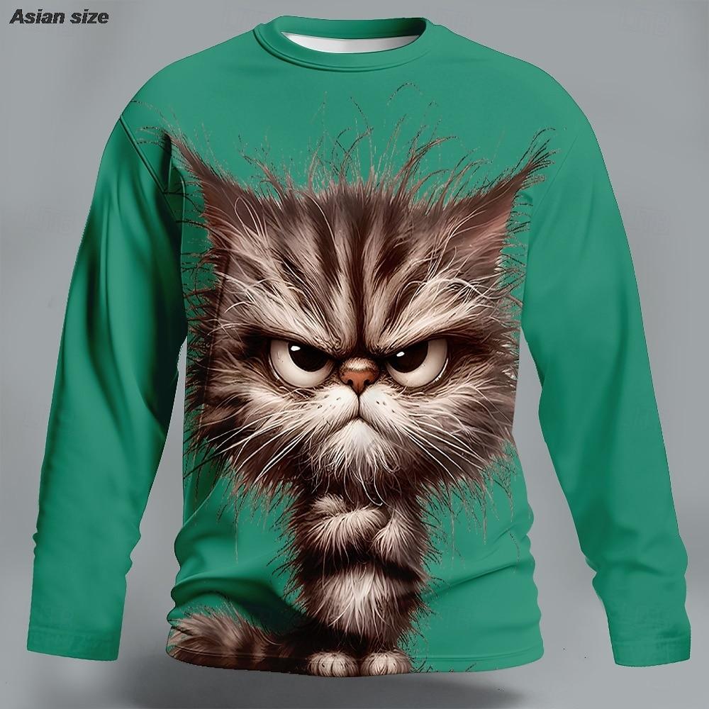Mens Novelty Messy Hair Cat Graphic Long Sleeve T-Shirt Blue Round Neck Pullover Funny Animal Print Streetwear Clothing Apparel