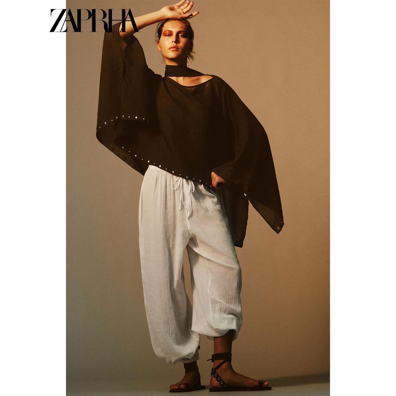 Zaprha 2025 Summer New Fashion Personalized Loose Rivet V-neck Wide Sleeve Scarf Poncho 3067719
