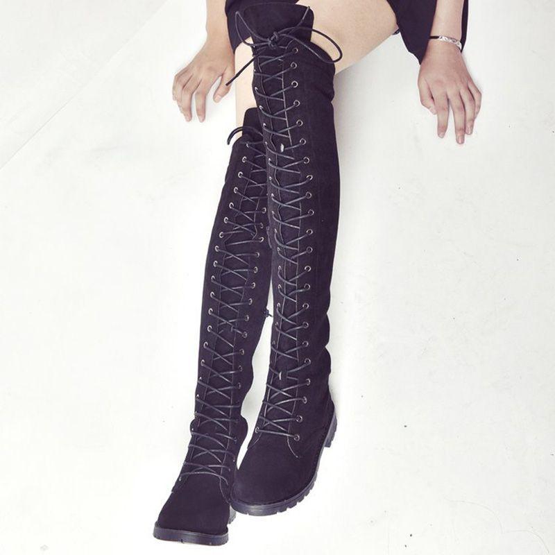 Luxurious Womens Lace Up Low Heel Thigh High Over The Knee Stretch Riding Boots Shoes