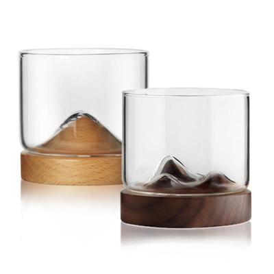 120ML Transparent Mountain Whiskey Glass with Wooden Base Heat Resistant Beer Glass Wine Water Tea Cup Set Bar Drinkware