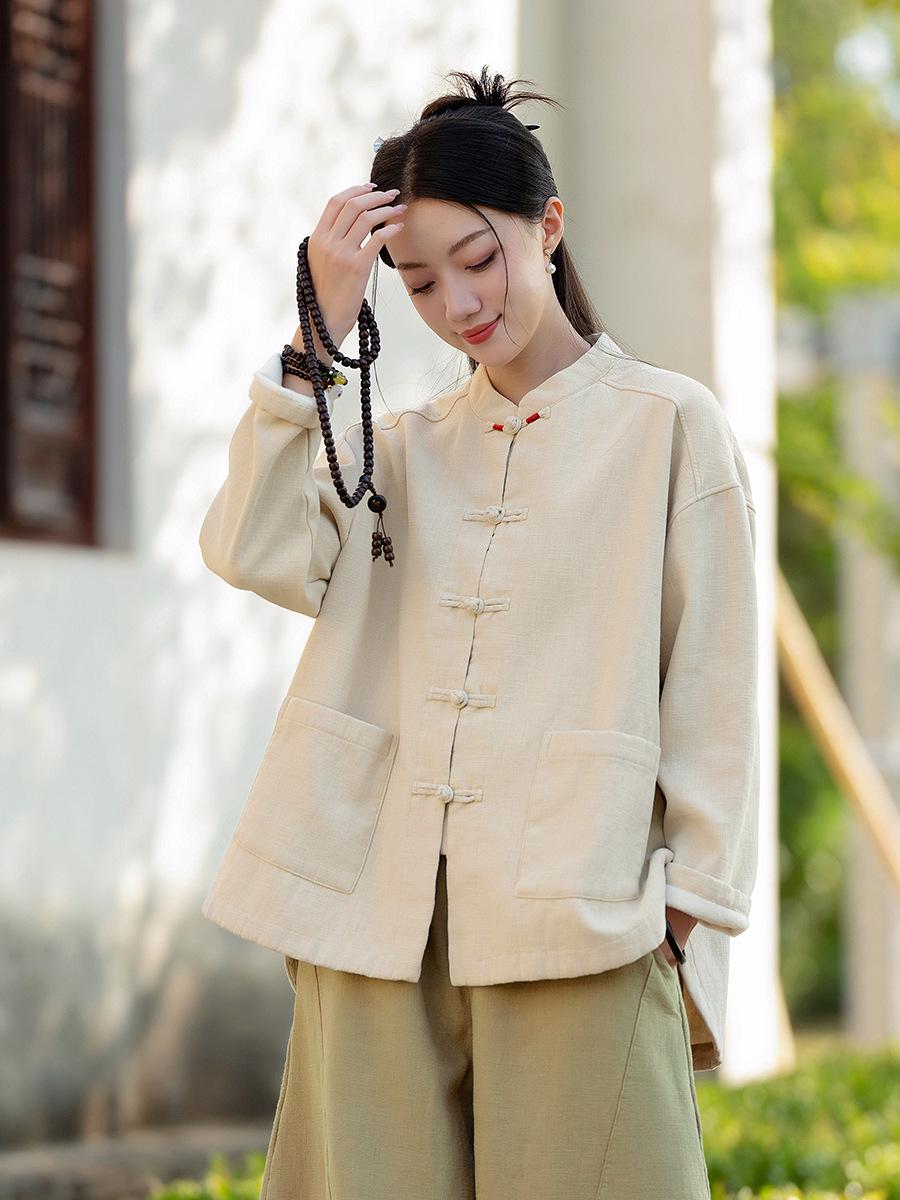 

Women s Winter Retro Cross-Lapel Ramie Cotton Coat - Thickened and Padded with Silent Recitation Design One Size