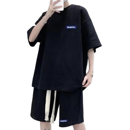 

Мужской комплект из 2 предметов, повседневный спортивный костюм, шорты, летний спортивный костюм большого размера с коротким рукавом M чёрный