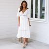 Boho Letnia Sukienka z Dekoltem V, Zwiewna, dla Kobiet, Kwiatowa Koronka, Falbana, Sukienka A-Line, Casualowa, z Rękawami Dzwonkowymi, Plażowa Sukienka Wakacyjna