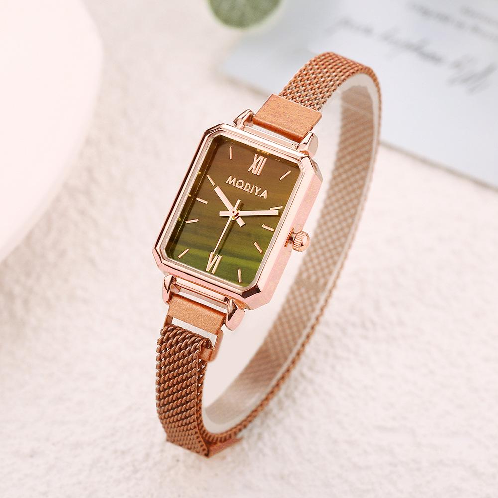 Peacock Green Mori Girl Small Square Watch with Milan Strap and Green Dial for Women