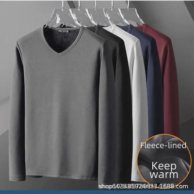 Men's Thermal Plush Long-Sleeve T-Shirt, Solid Color V-Neck Business Top for Spring/Autumn