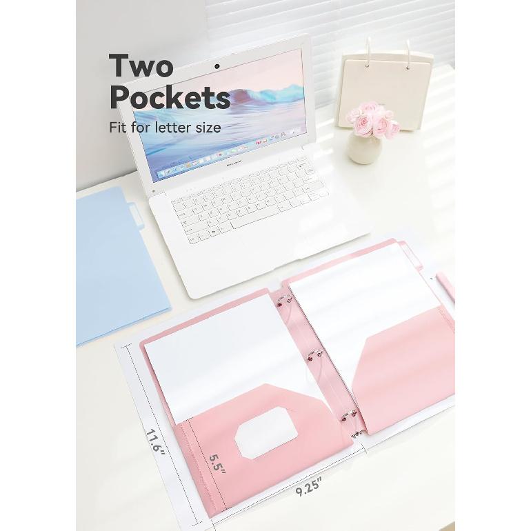 Plastic Folders with Pockets 3 Hole Punched, 6 Pack Pastel Pocket Folders for 3 Ring Binder, Unique 1/3 Cut Tabs with Colorful Labels, School