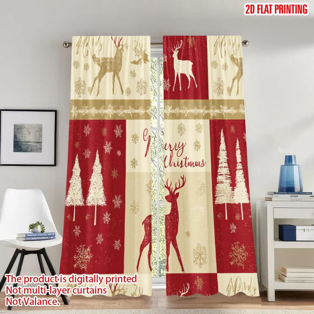 

Flat Printing Christmas Hot Party Curtains Reindeer Snowflakes Tree Digital Printed Polyester Drapes Festive Set Of 2 Made W100*H70(CM)-Hooks&2PCS
