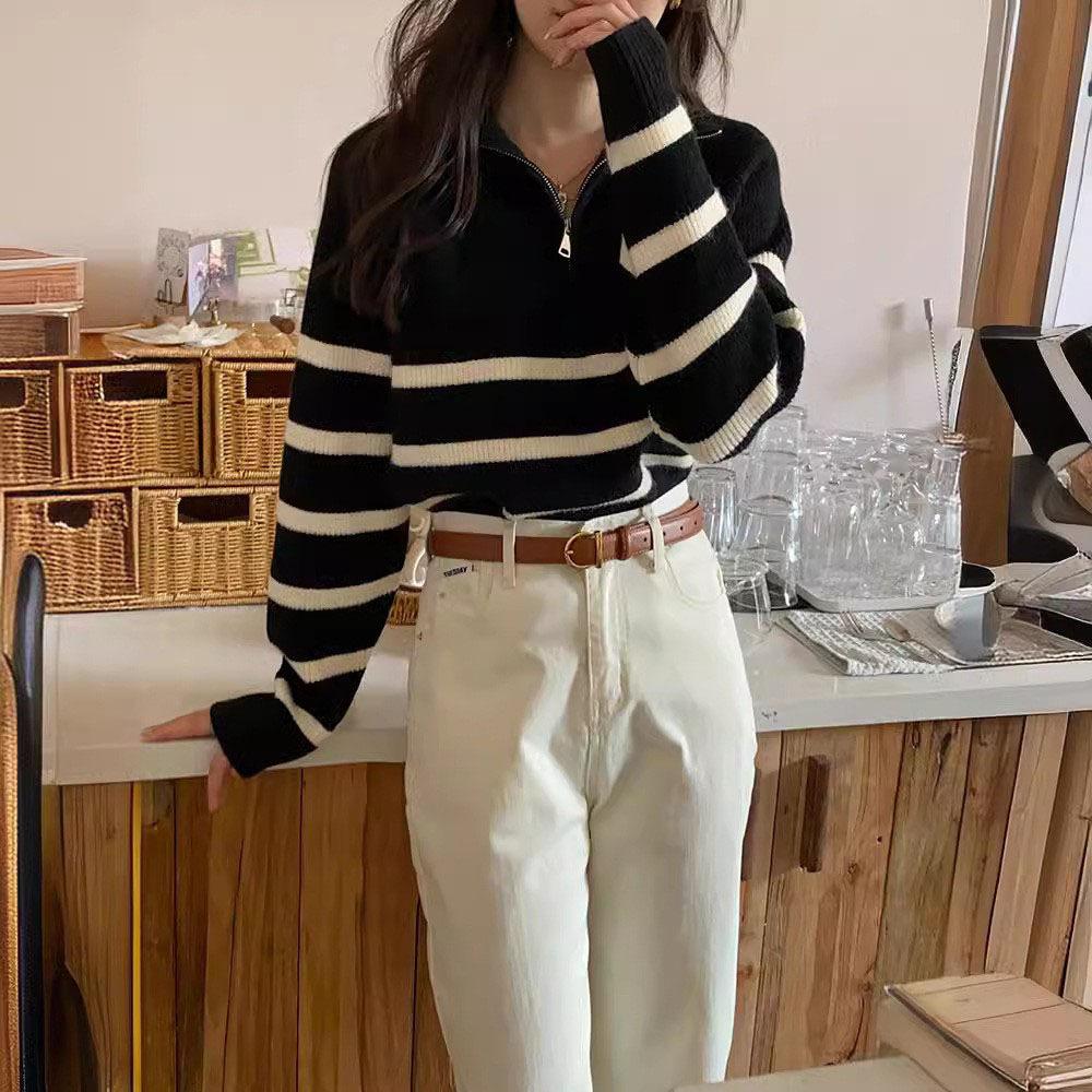Half-height Zipper Lapel Sweater, New Autumn and Winter Color Striped Knitted Base Layer for Women