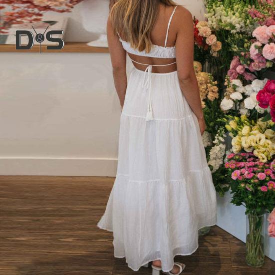 Ženy Sexy Bandeau Popruh Dlouhé šaty Šněrování Bez zad Nízký střih Midi Šaty Šití Splývavý lem Špagetová ramínka Pěstované šaty