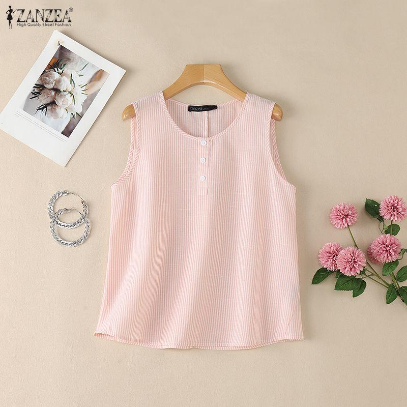 ZANZEA Women Casual Round Neck Loose Sleeveless Stripe Tank Tops