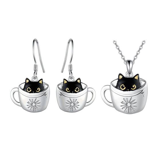 Halskette mit Haken und Ohrringen für Damen, schwarze Katze in Becherform, verstellbare Halskette, Geschenk zum Geburtstag und Jahrestag, Hals-Ohrschmuck aus Legierung für den Alltag und Partys
