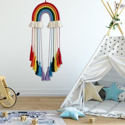 Regenbogen-Makramee-Wandbehang mit Quasten, handgewebter Clip-Halter, kreative Heimdekoration zum Aufhängen