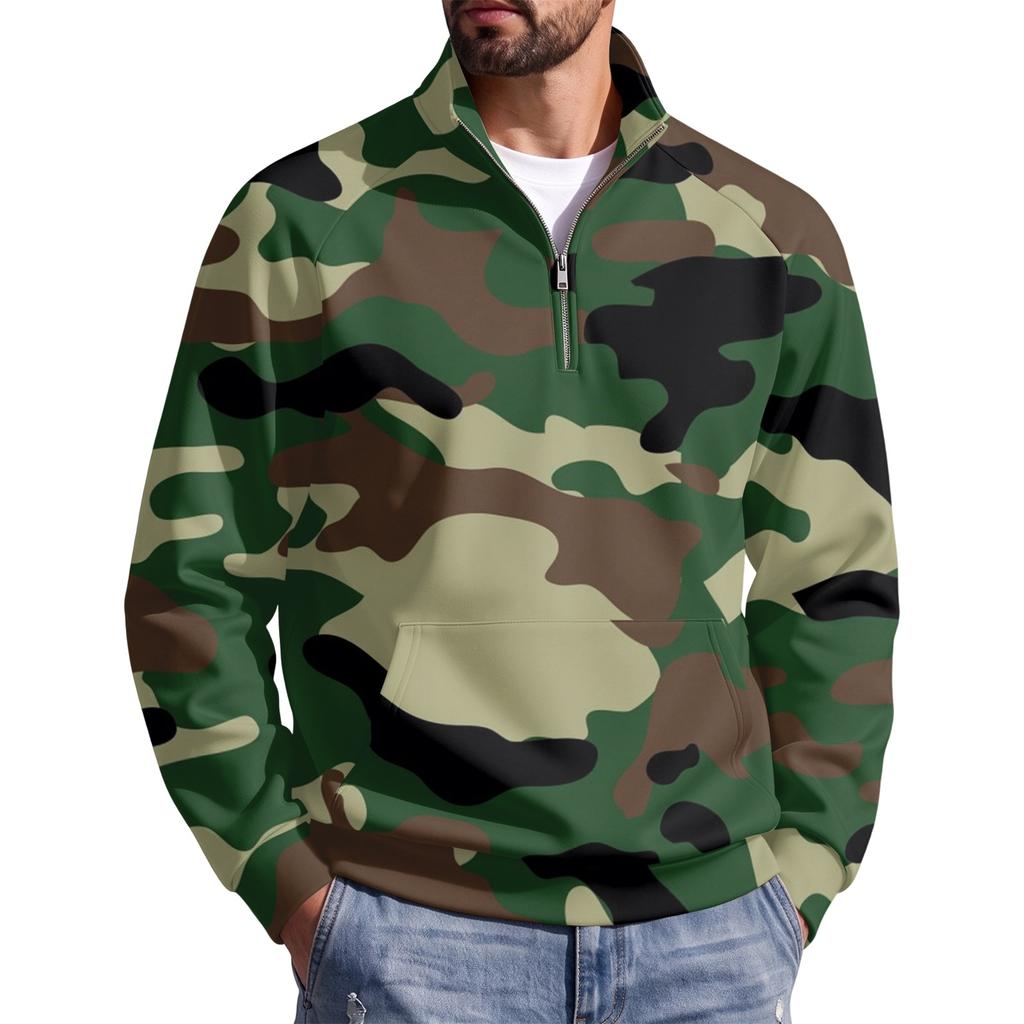 Men's Print Zip Pullover with Stand Collar, Casual Wrinkle- Top for Fall Winter Outdoor Sports