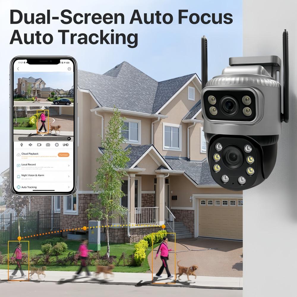 Cameră IP 4K PTZ de 8MP pentru exterior, cu lentile duble, cu ecran dublu, cartelă SIM 4G, detecție umană AI de înaltă definiție, monitorizare video de securitate