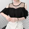 Women Off Shoulder Sexy Chiffon Blouses Summer Korean Fashion Clothes Ruffles Slim Sweet Ladies Casual Lace Tops Shirts Y2k