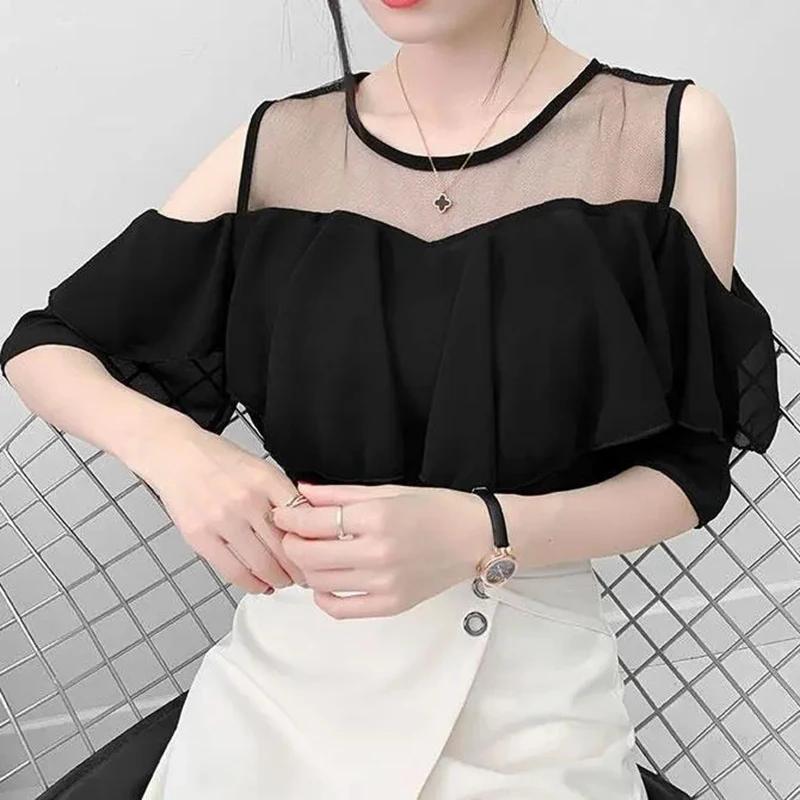 Women Off Shoulder Sexy Chiffon Blouses Summer Korean Fashion Clothes Ruffles Slim Sweet Ladies Casual Lace Tops Shirts Y2k