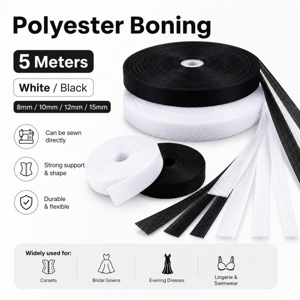 6mm-15mm wide polyester steel strips, used for sewing clothing accessories, bra underwires, wedding dresses, evening gowns, lingerie, hats (5 meters)