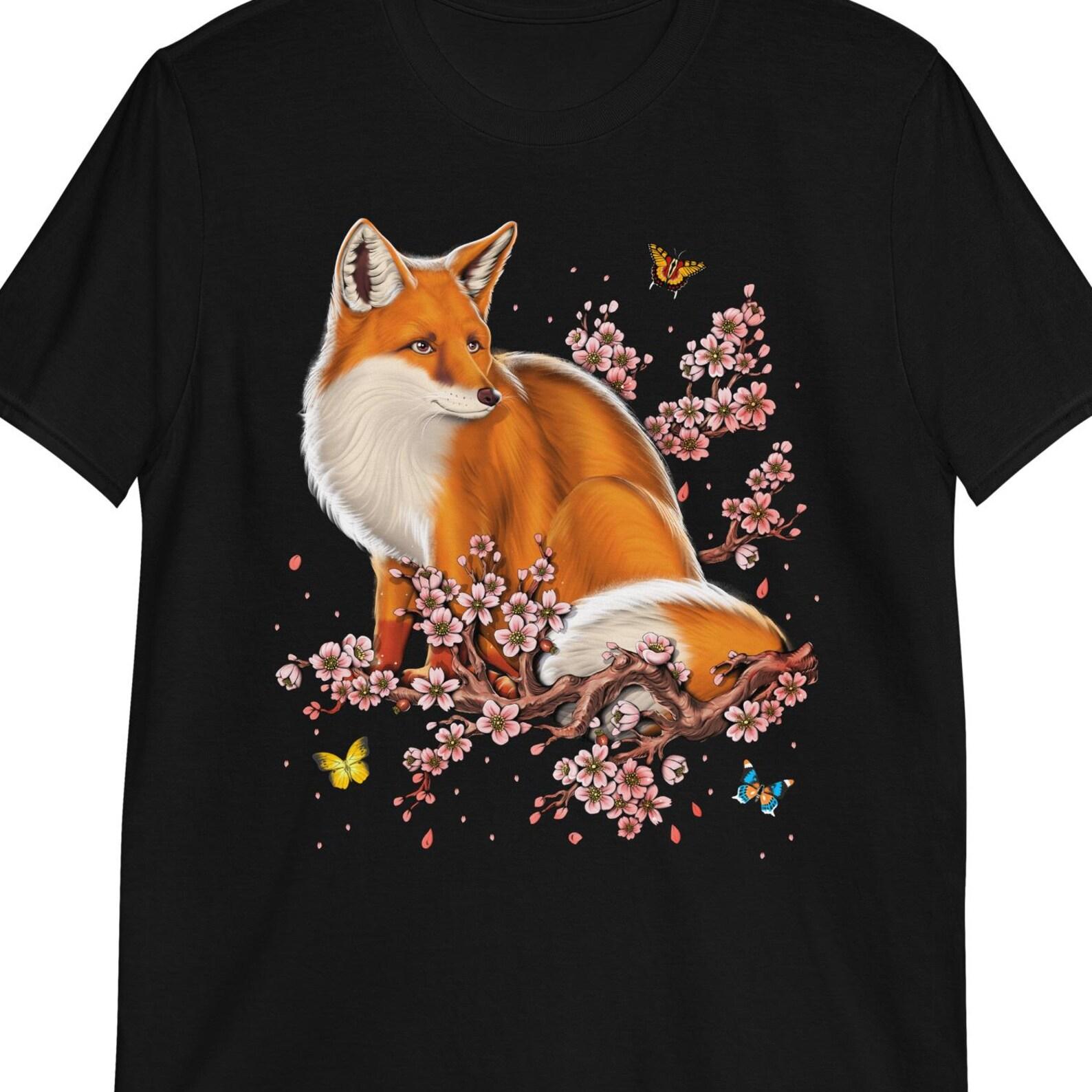 Fox Cherry Blossom Flowers T-Shirt: Japanese Forest Sakura Tree Tee 100