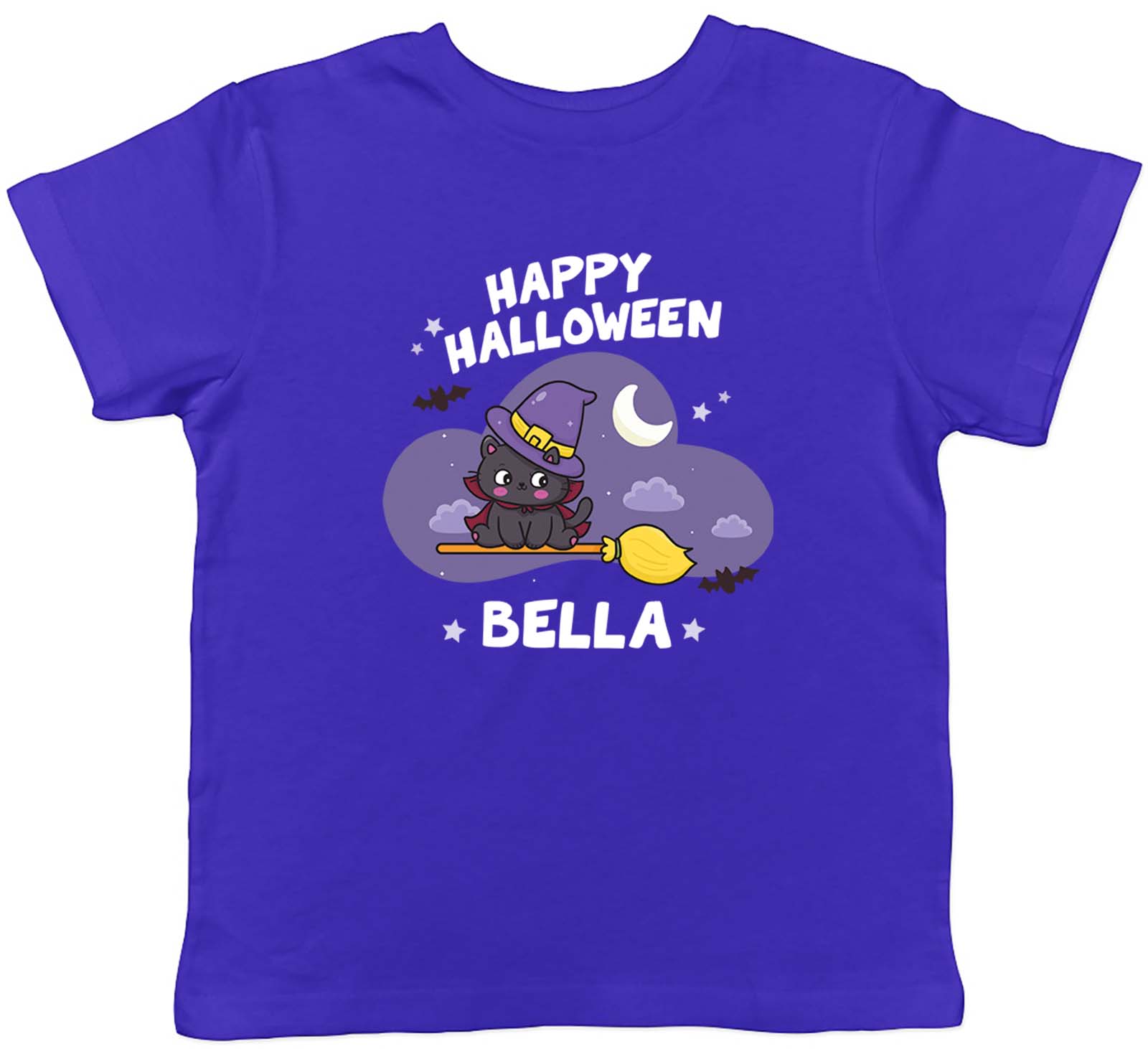 Personalised Happy Halloween Cat Witch Broom Children Kids T-Shirt Boy Girl Gift 150