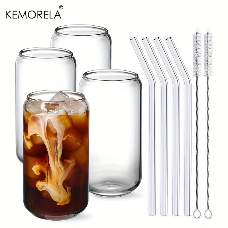 1/4PCS Set Transparent Glasses With Glass Straw Can Shaped For Beer Iced Coffee Whiskey Soda Tea Water with 2 Cleaning Brushes