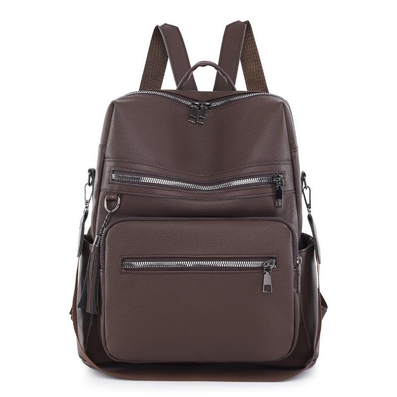 Contrast Color Women Soft Leather Tassel Backpack Simple Outdoor Travel Backpack