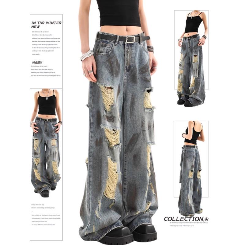 Plus Size American Retro Splatter Paint Ripped High Waist Wide Leg Jeans for Women Large