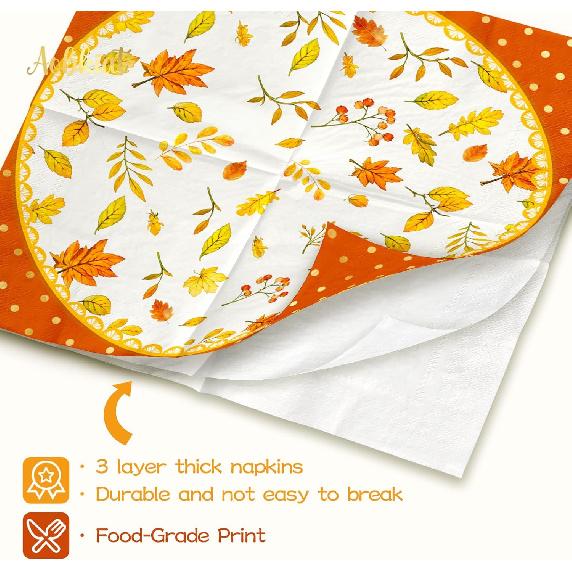 AOBKIAT Fall Thanksgiving Napk,24PCS Orange Pumpkin Maple Leaf Styles Guest Disposable Napk,for Autumn Harvest Holiday Dinner Party Supplies