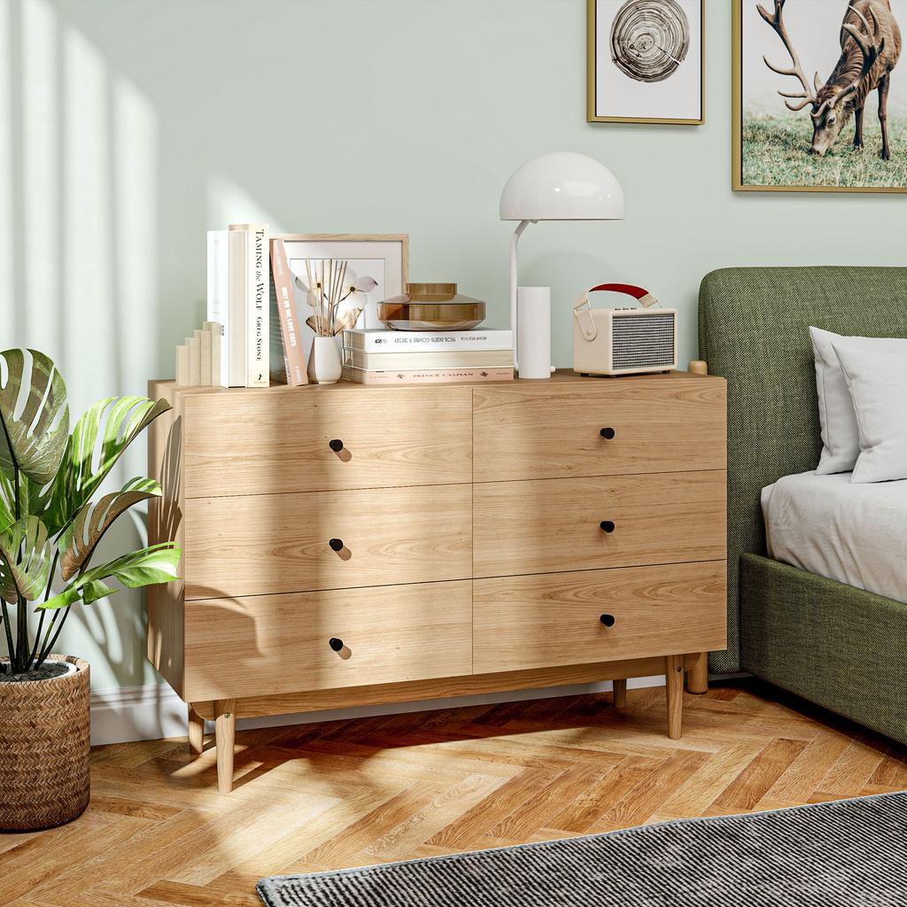 Chest Of 6 Drawers Storage Furniture With Solid Wood Legs 120 X 40 X 80 Cm Light Brown