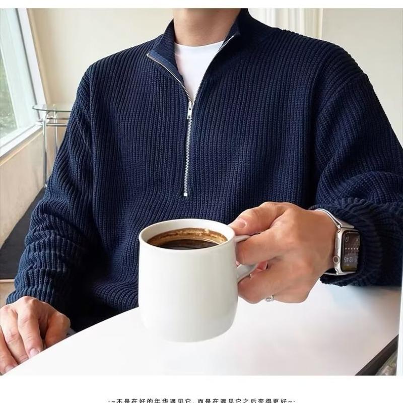 

Men s Trendy Autumn Korean Style Stand Collar Knit Jacket Medium темно-синього кольору
