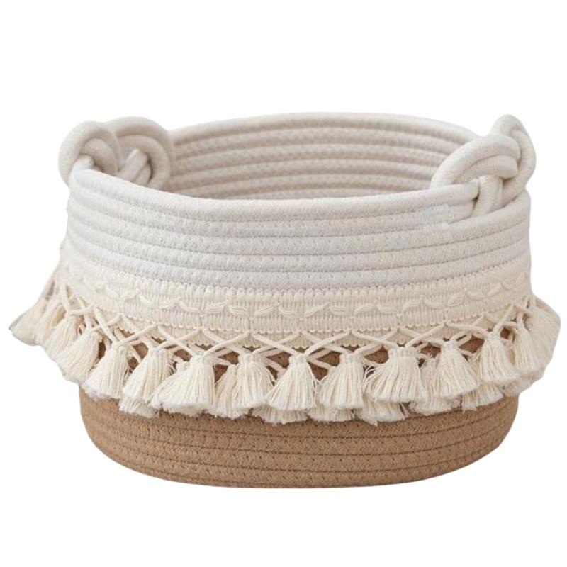 Stylish Cotton Rope Woven Storage Basket Contemporary Tassels Cotton Rope Basket Practical and Soft Storage Container