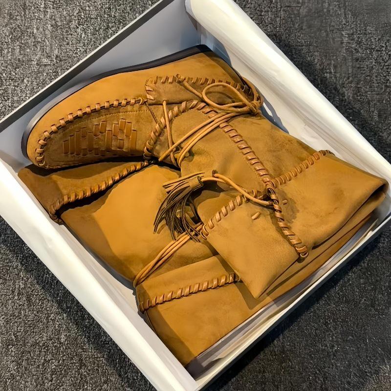 Bohemian Style Mid-Calf Cowboy Boots with Lace-Up Foldable Design, Women's Slimming Slouch Boots.