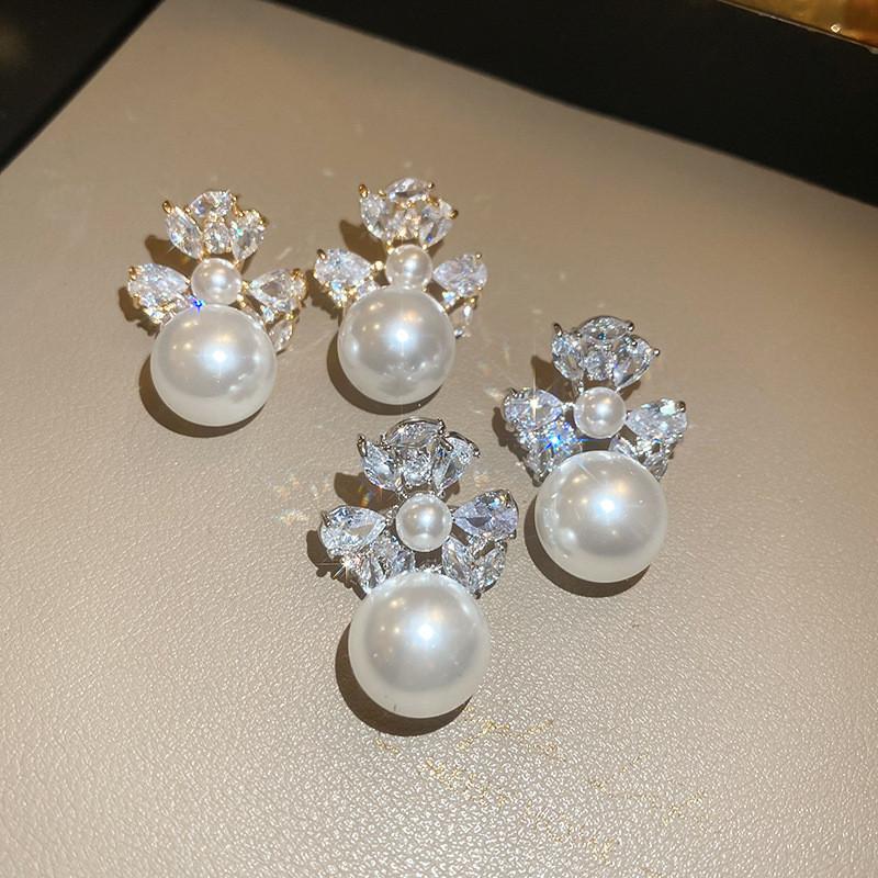 Elegant Floral Silver Plated Zircon Pearl Dangle Earrings For Women Home Party Wear