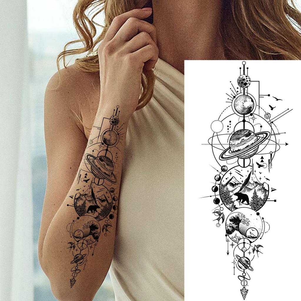 1 Sheet 3D Watercolor Universe Planets Temporary Tattoos For Men Women Long Lasting Waterproof Fake Tattoo Sticker Body Arm Art