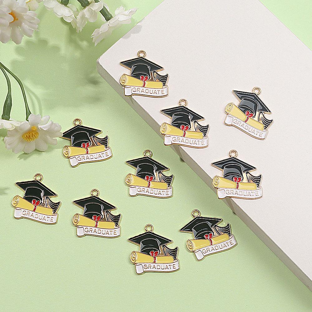 3/7/14pcs Alloy Material University Hat Pendant Enamel Graduation Hat Pendant Book Matching Bachelor's Hat Pendant Jewelry Making DIY