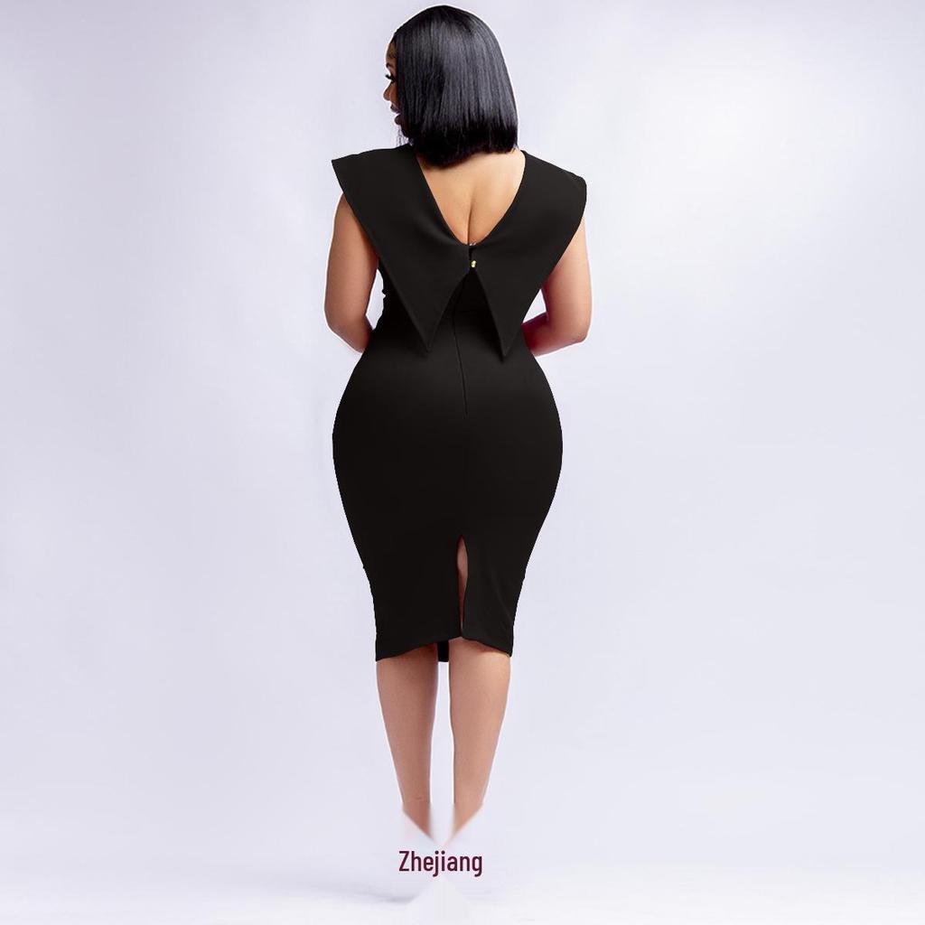 Women's Summer Sleeveless Square Neck Office Dress with Back Zipper and Skirt Slit