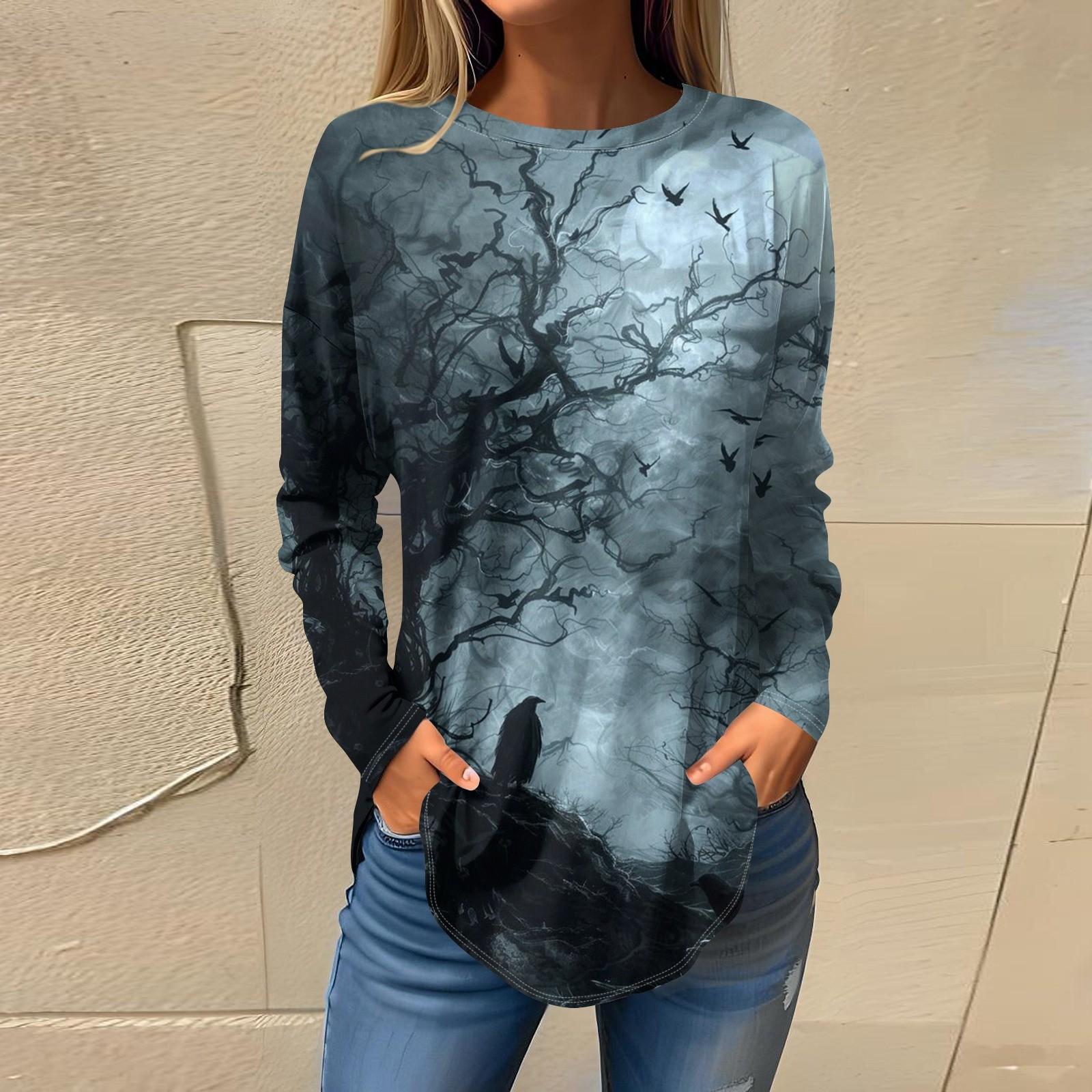 

Женская футболка с принтом Хэллоуина, длинный рукав, повседневная мода, круглый вырез, стандартный крой XL тёмно-синий