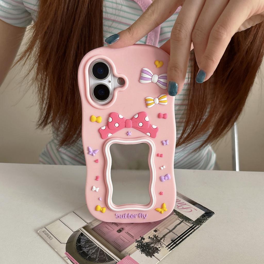 Cute 3D Butterfly Bow Case for iPhone 17 Pro Max 12 13 14 15 16 Plus 16E Soft Silicone Makeup Mirror Cover
