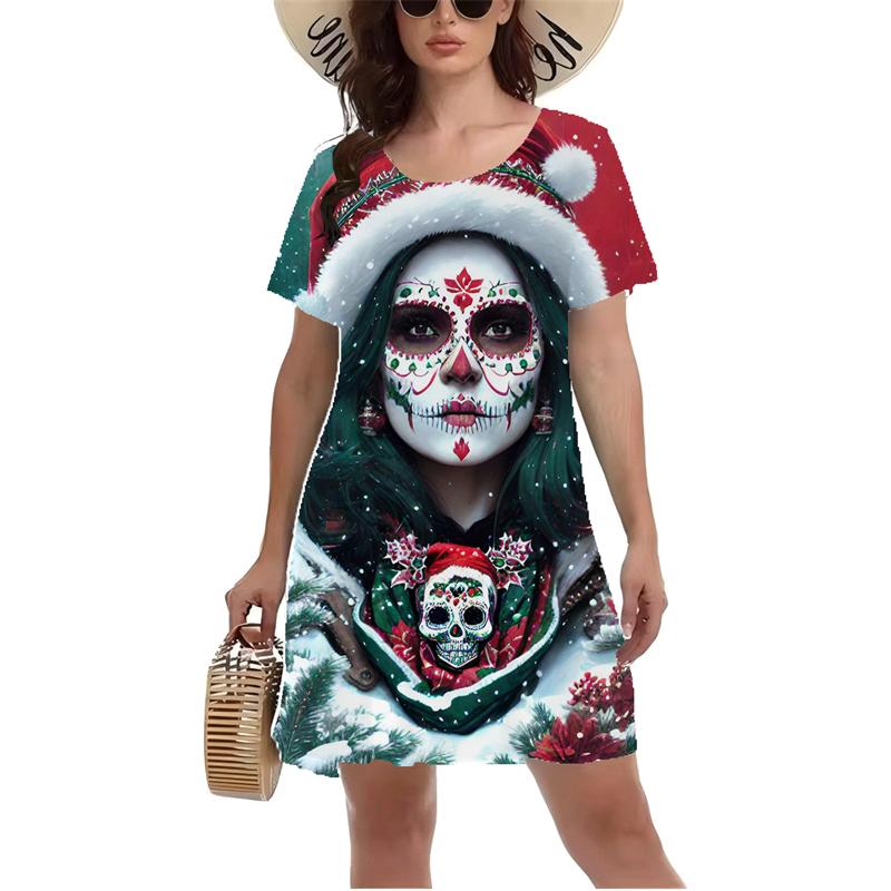 3D Vintage Rose Skull Graphic Print Dress Gothic Style Mini Dress Women Summer Short Sleeve O-Neck Casual A-Line Dress Vestidos