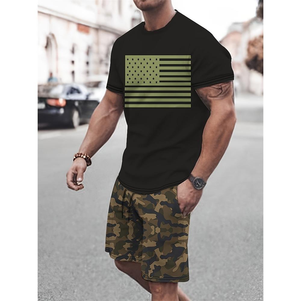 New Stitching Printed Men's Suit Summer Round Neck Short Sleeve Top And Casual Shorts Fashion Street Style Two-Piece Set