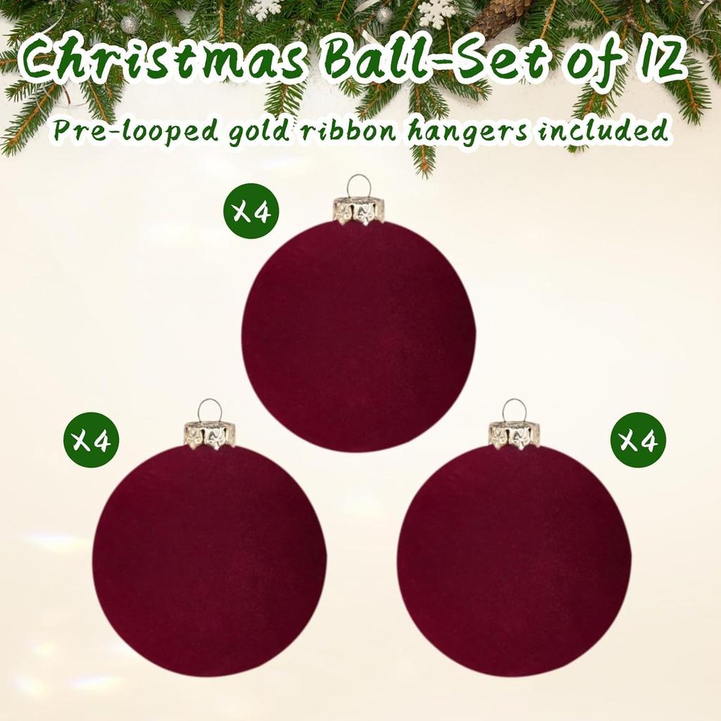 12pcs Christmas Tree Hanging Ball Decoration 2.4Inch Velvet Christmas Ornaments Balls Flocked Shatterproof Plastic Xmas Tree Ball for Party Holiday