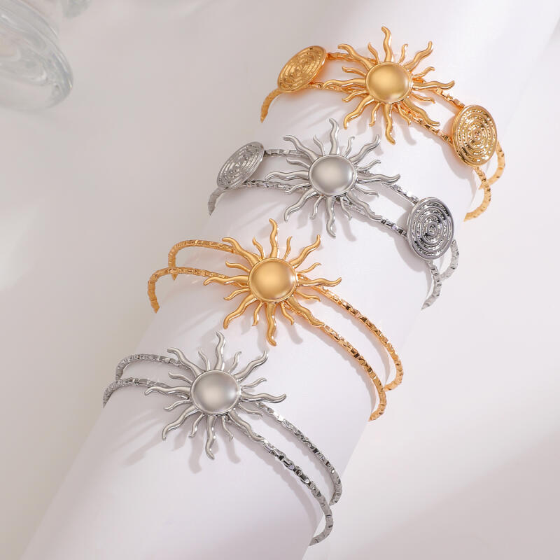 Bohemia Sun Flowers Round Vortex Opening Bracelets for Women Ladies Vintage Double Layer Hollow Bangles Vacation Jewelry Gifts