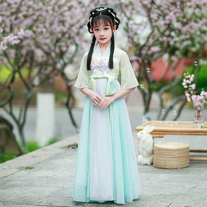 Girls' Short-Sleeve Hanfu: Spring/Summer Fairy Tang Style, Ancient Costume for Daily Wear & Performances