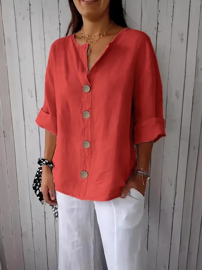 Women's 2025 European-American V-Neck Cotton Linen Button T-Shirt