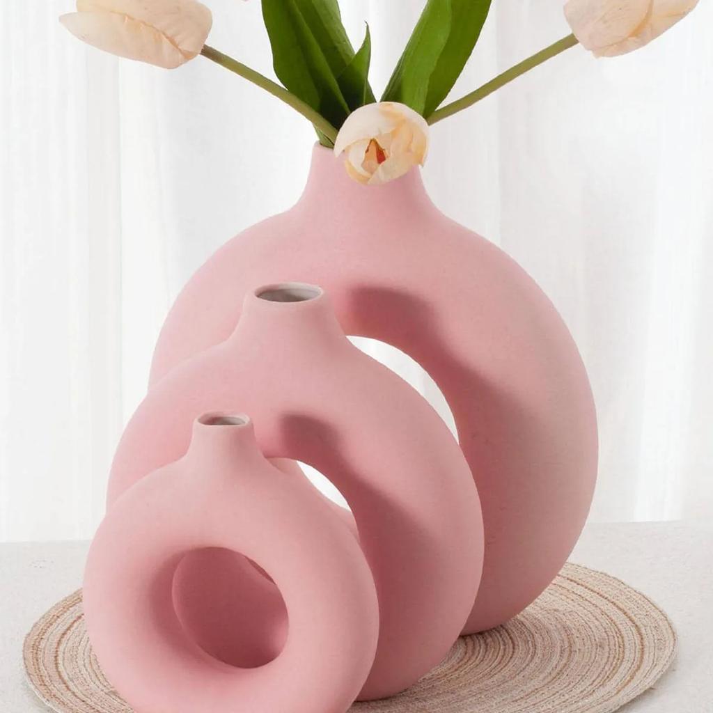 1 Stück Weiße Keramikvasen für Heimdeko, Moderne Deko Mattierte Kreisvase, Minimalistische Nordische Donut-Vase, Dekorativ