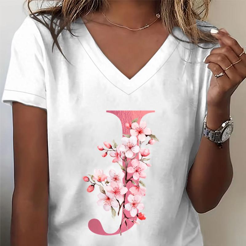 Pink Sakura Alphabet Graphic T Shirts Unisex Az 26 Alphabet Pink Flower Cartoon Tshirts Cherry Blossom Letters C Casual Tops