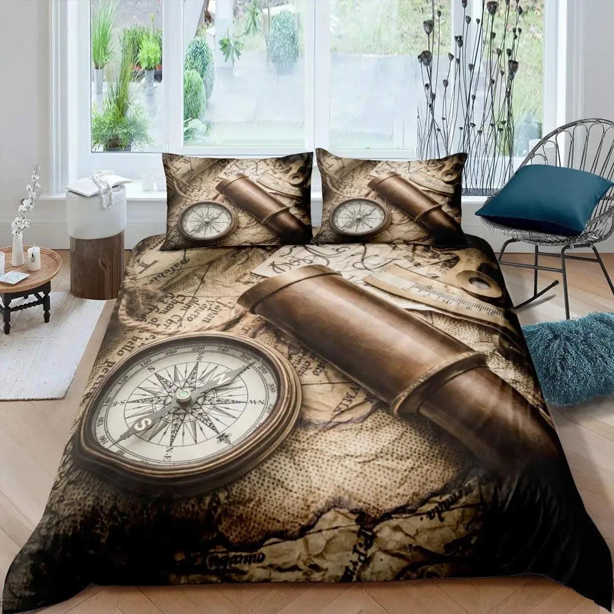 

Compass Telescope Duvet Cover Set Navigation Theme Polyester Comforter Cover King Queen Size for Kids Boys Girls Bedding Set 70x133cm