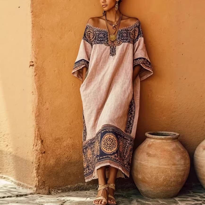 Women s Off-Shoulder Maxi Dress with Geometric Pattern Trim S розовый