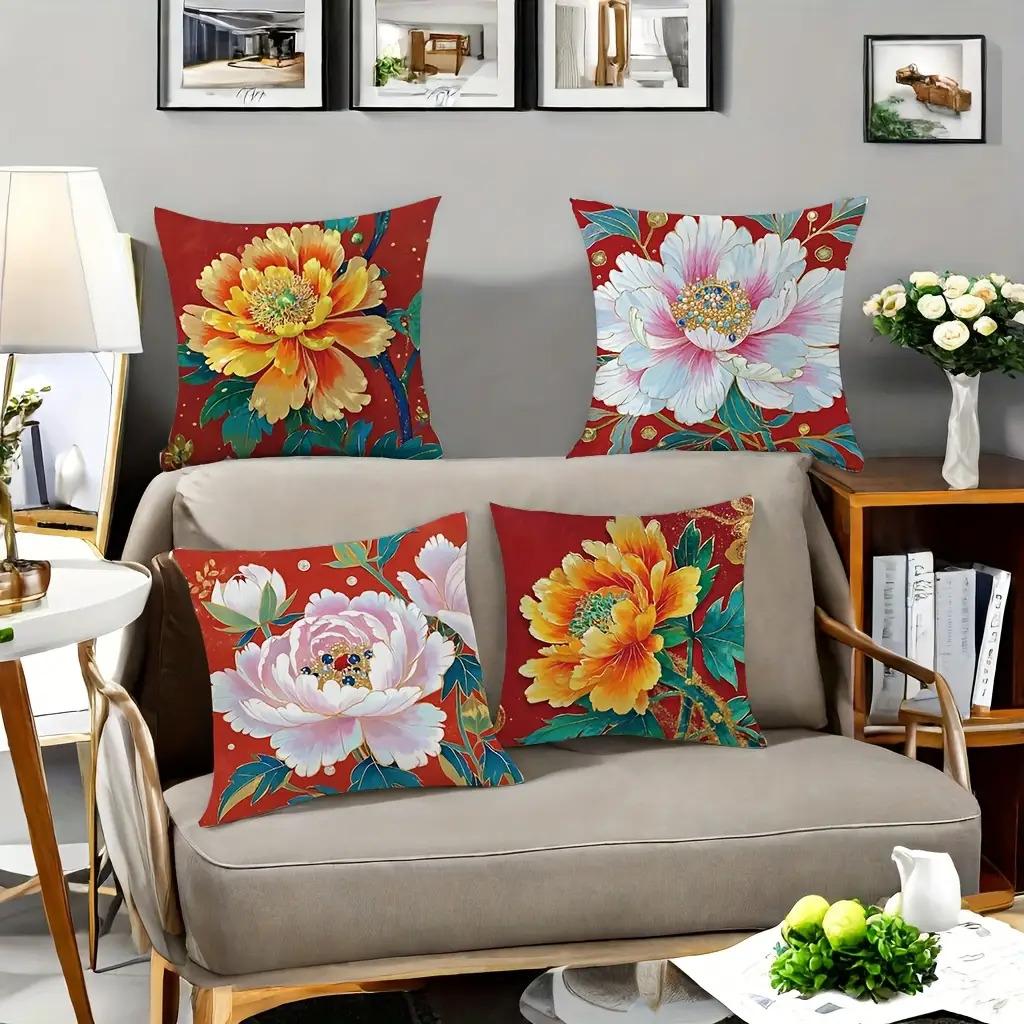 Chinese Style Peony Pillow Covers, Luxurious Gold Accent Double-Sided Printed Throw Pillow Cases, Oriental Home Decor No Insert