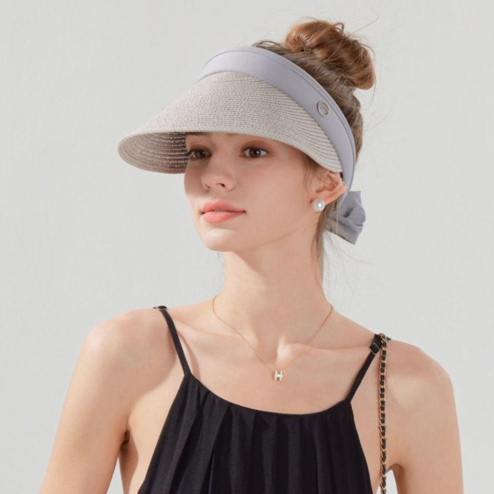 Ribbon Strap Straw Beach Hat Breathable Visor Hat Fashion Empty Top Hat  Summer
